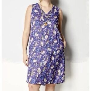 J. Jill Love Linen Dress Petite XL Lavender Floral Pockets V-Neck Resort wear